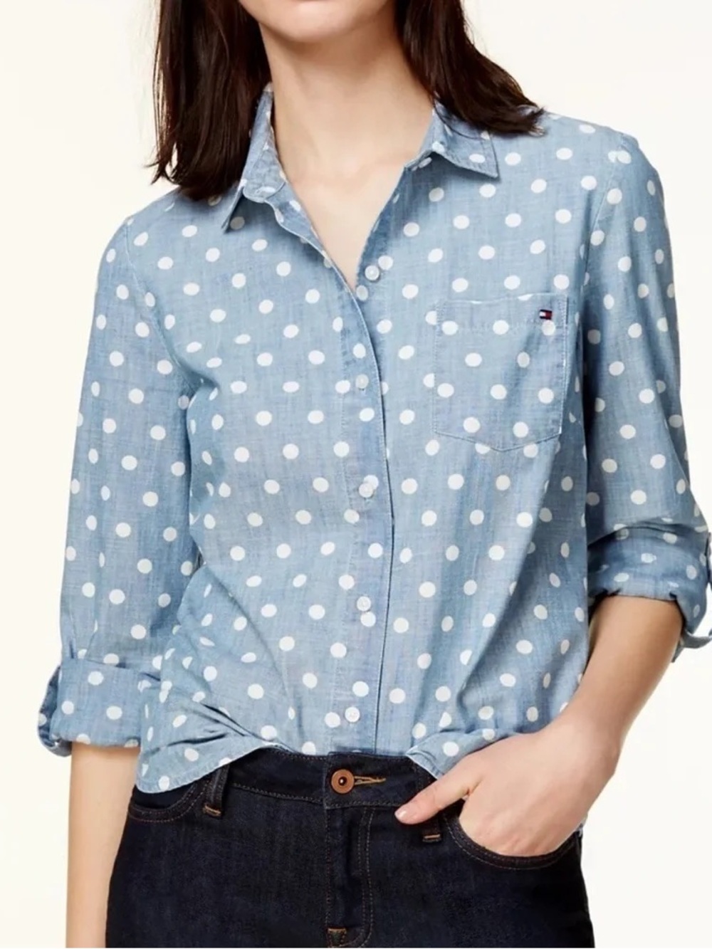 Tommy Hilfiger Women’s Chambray Polka Dot Button-Down Shirt, L, EUC